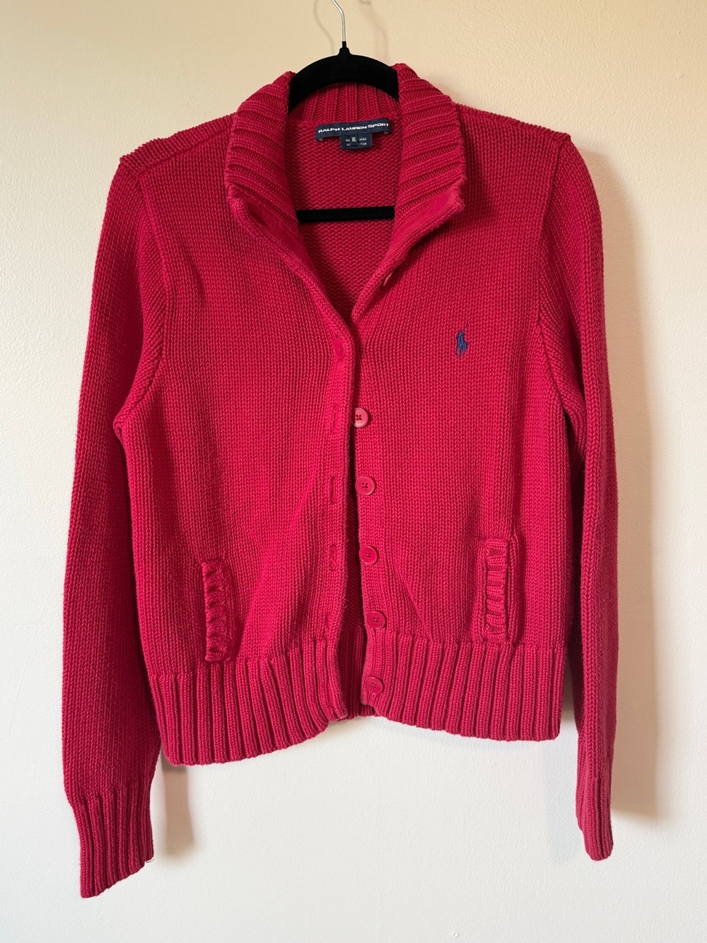 Vintage Ralph Lauren Sport 100% cotton red chunky collared cardigan FITS SZ S/M